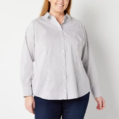 Liz Claiborne Womens Plus Long Sleeve Regular Fit Stretch Fabric Wrinkle Free Poplin Button-Down Shirt