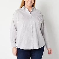 Liz Claiborne Womens Plus Long Sleeve Regular Fit Stretch Fabric Wrinkle Free Poplin Button-Down Shirt