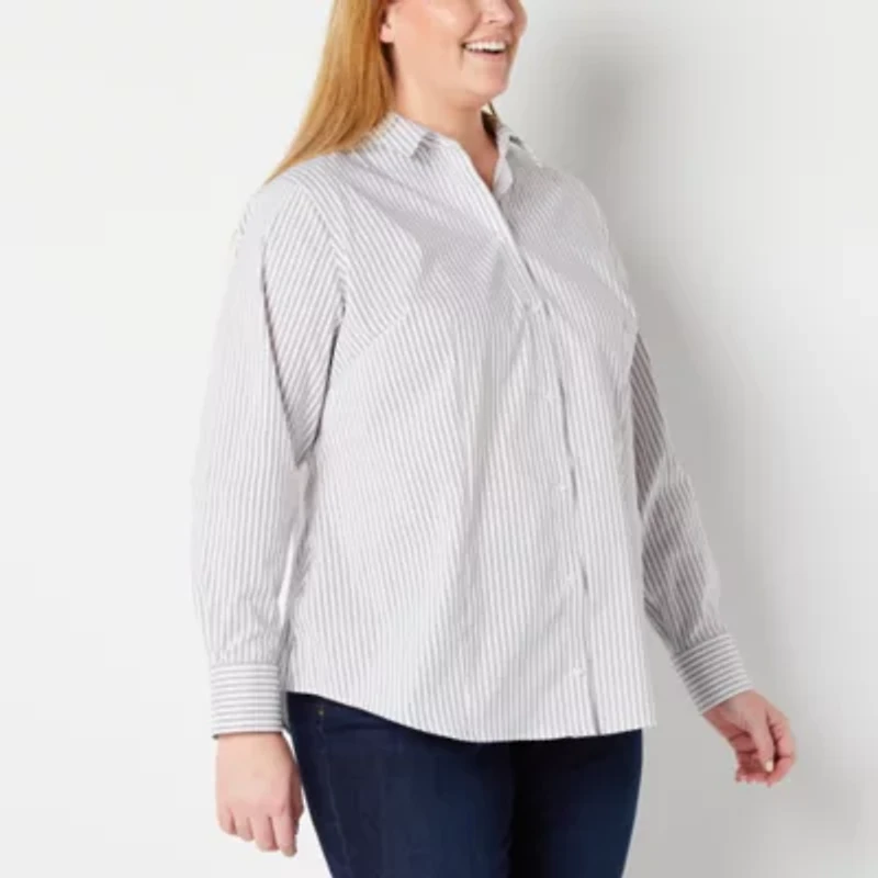 Liz Claiborne Womens Plus Long Sleeve Regular Fit Stretch Fabric Wrinkle Free Poplin Button-Down Shirt