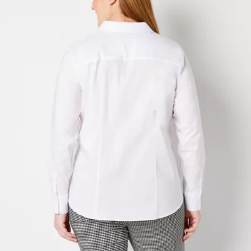 Liz Claiborne Wrinkle Free Womens Plus Long Sleeve Vent Regular Fit Stretch Fabric Poplin Button-Down Shirt