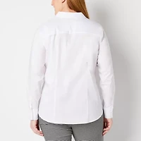 Liz Claiborne Wrinkle Free Womens Plus Long Sleeve Vent Regular Fit Stretch Fabric Poplin Button-Down Shirt