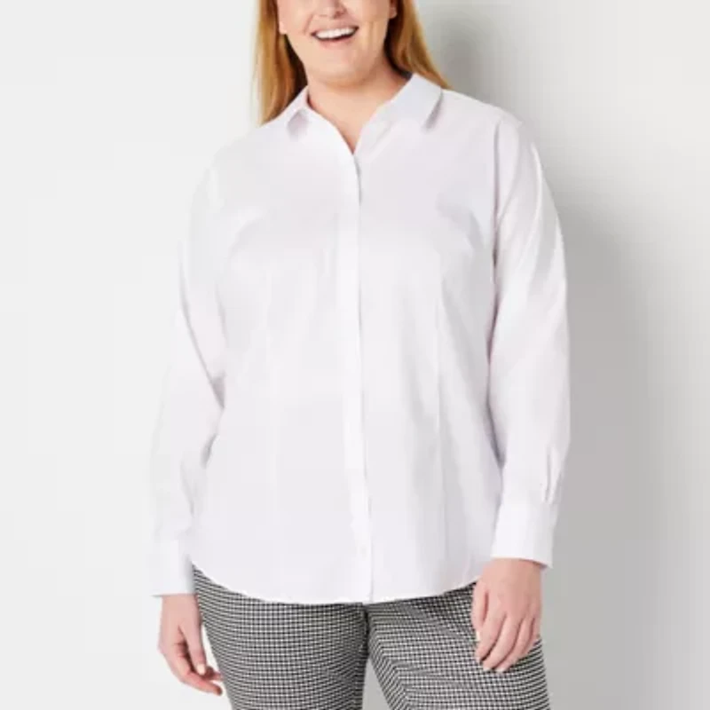 Liz Claiborne Wrinkle Free Womens Plus Long Sleeve Vent Regular Fit Stretch Fabric Poplin Button-Down Shirt