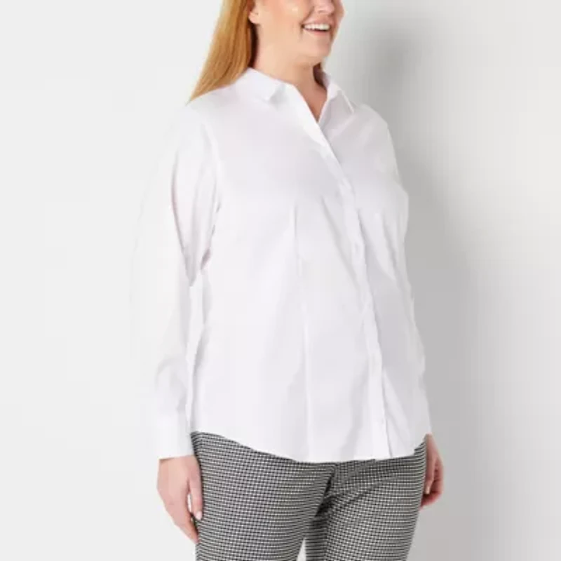 Liz Claiborne Wrinkle Free Womens Plus Long Sleeve Vent Regular Fit Stretch Fabric Poplin Button-Down Shirt