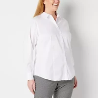 Liz Claiborne Wrinkle Free Womens Plus Long Sleeve Vent Regular Fit Stretch Fabric Poplin Button-Down Shirt