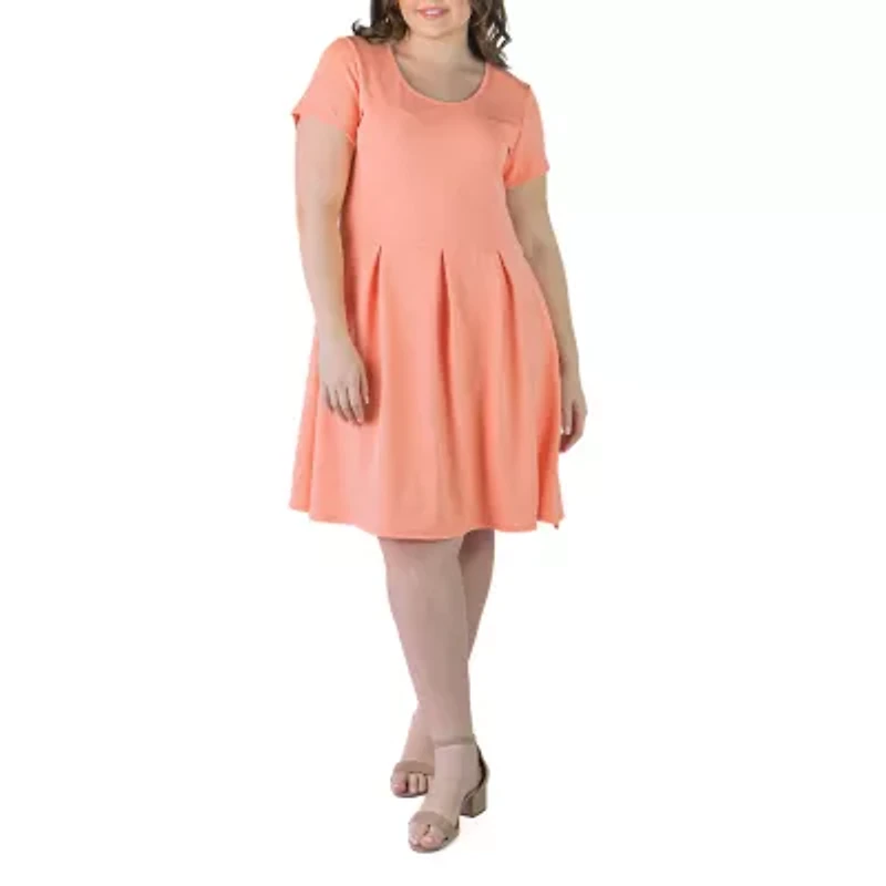 24seven Comfort Apparel Womens Plus Scoop Neck Short Sleeve Fit + Flare Dress