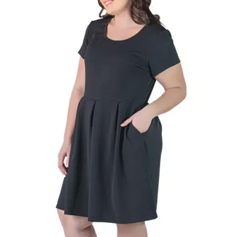 24seven Comfort Apparel Womens Short Sleeve Plus Fit + Flare Dress