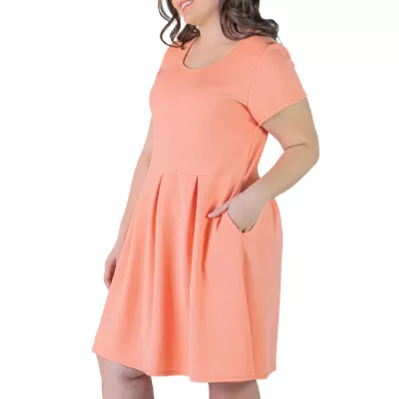 24seven Comfort Apparel Womens Plus Scoop Neck Short Sleeve Fit + Flare Dress