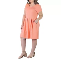24seven Comfort Apparel Womens Plus Scoop Neck Short Sleeve Fit + Flare Dress