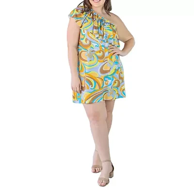 24seven Comfort Apparel Womens Short Sleeve Floral Plus A-Line Dress