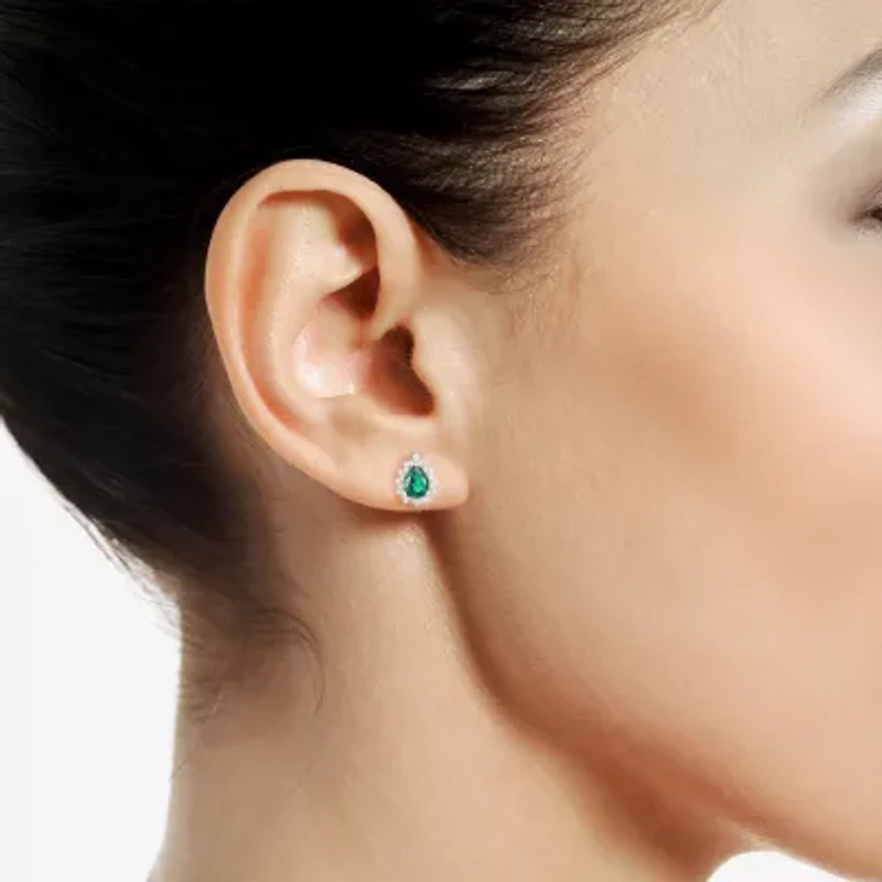 Lab Created Green Emerald 14K Gold Over Silver Sterling Silver 9mm Pear Stud Earrings