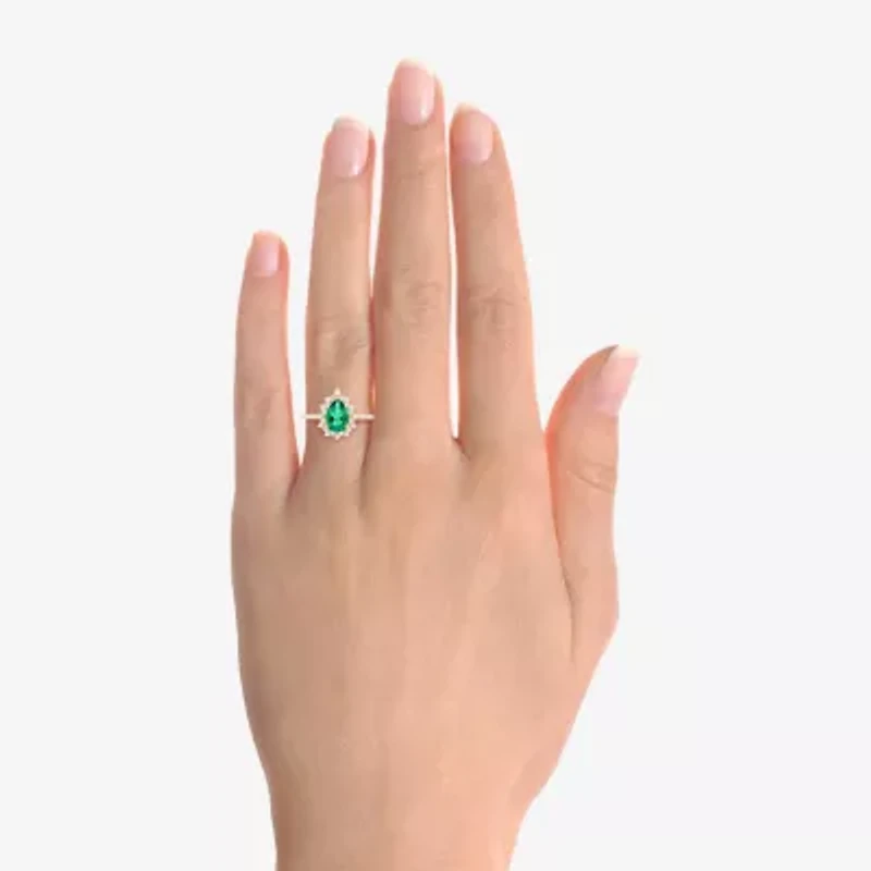 Womens Lab Created Green Emerald 14K Gold Over Silver Sterling Pear Halo Side Stone Cocktail Ring
