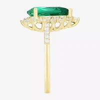 Womens Lab Created Green Emerald 14K Gold Over Silver Sterling Pear Halo Side Stone Cocktail Ring