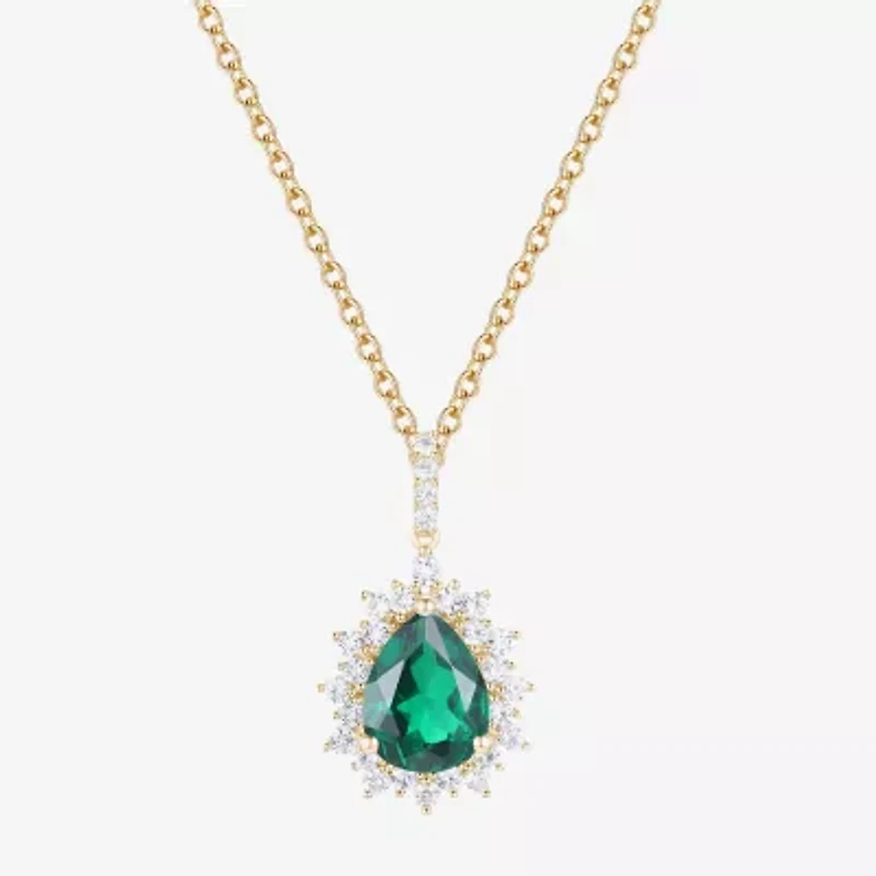 Womens Lab Created Green Emerald 14K Gold Over Silver Sterling Silver Pear 18 Inch Pendant Necklace