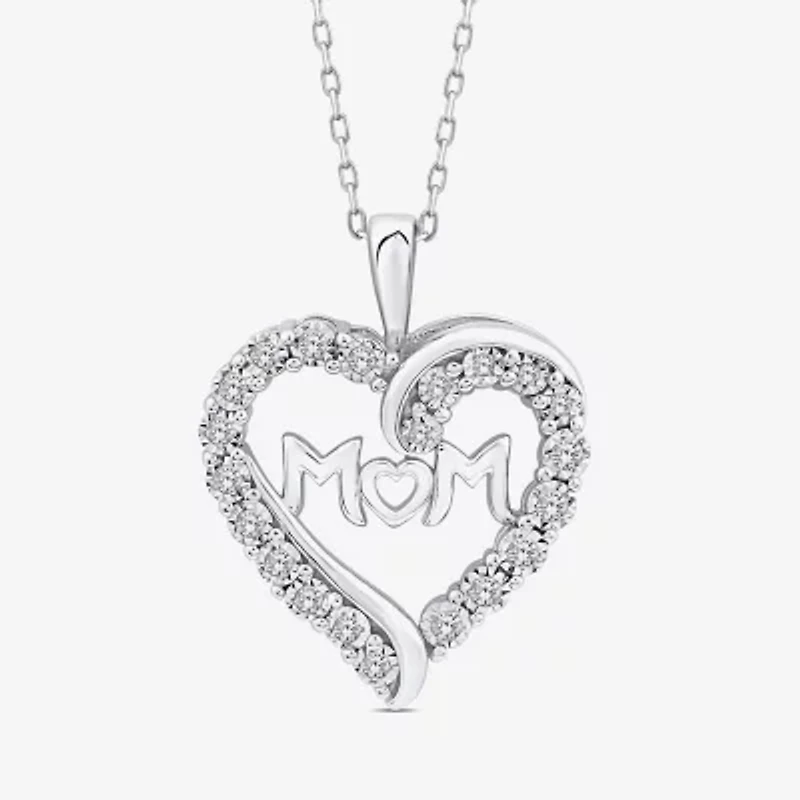 "Mom" Womens 1/4 CT. T.W. Lab Grown White Diamond Sterling Silver Heart 18 Inch Pendant Necklace