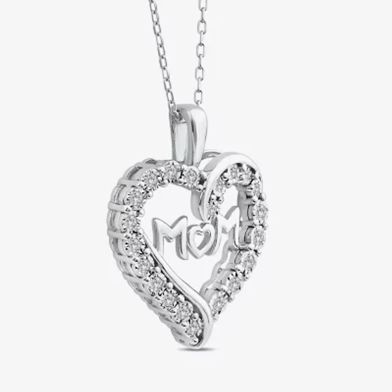 "Mom" Womens 1/4 CT. T.W. Lab Grown White Diamond Sterling Silver Heart 18 Inch Pendant Necklace