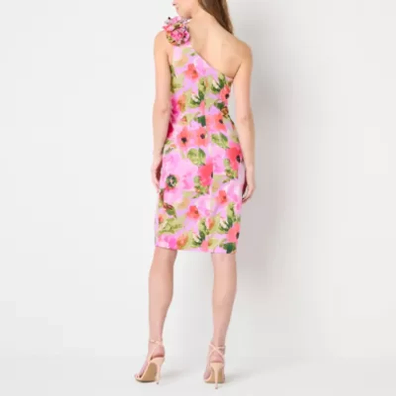 Jessica Howard One Shoulder Womens Applique Sleeveless Floral Sheath Dress