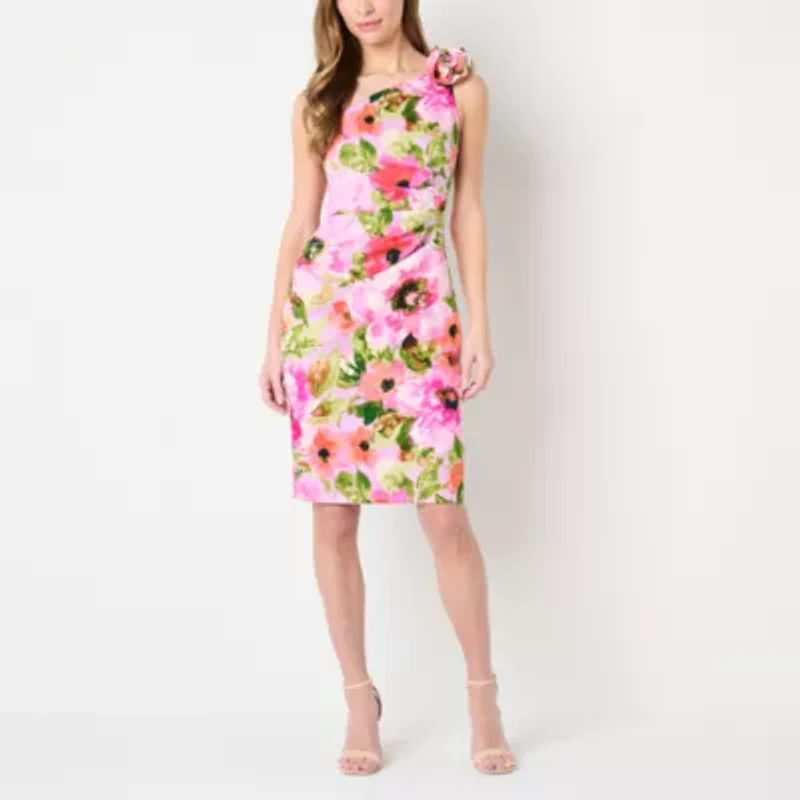 Jessica Howard Womens One Shoulder Sleeveless Applique Floral Sheath Dress