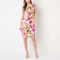 Jessica Howard Womens One Shoulder Sleeveless Applique Floral Sheath Dress