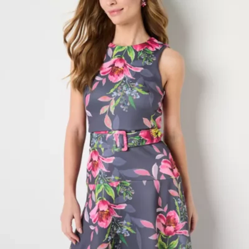 Melonie T Womens Belted Sleeveless Floral Evening Gown