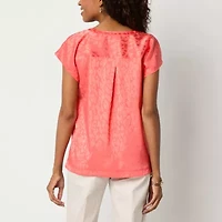 Liz Claiborne Womens Split Crew Neck Short Sleeve Blouse