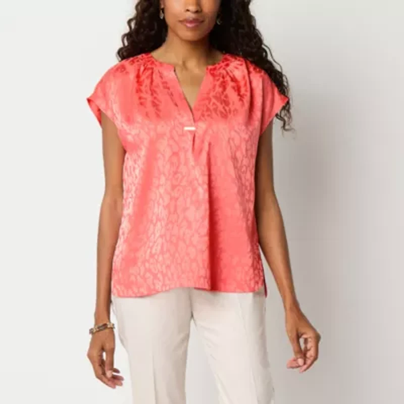 Liz Claiborne Womens Split Crew Neck Short Sleeve Blouse
