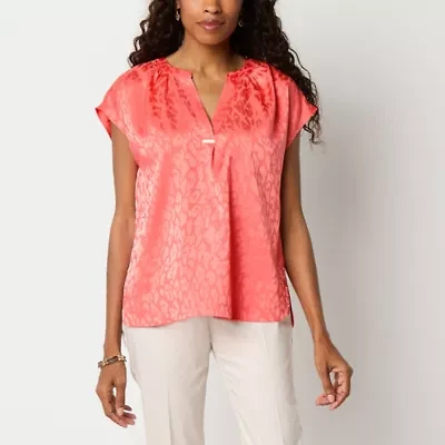 Liz Claiborne Womens Split Crew Neck Short Sleeve Blouse