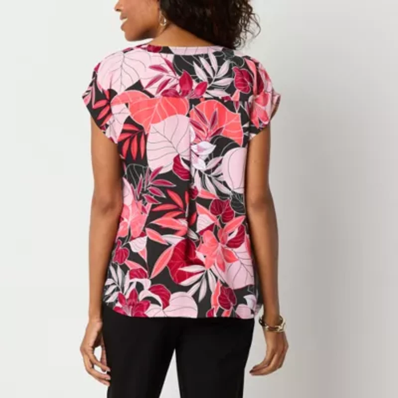 Liz Claiborne Womens Split Tie Neck Short Sleeve Satin Blouse