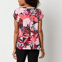 Liz Claiborne Womens Split Tie Neck Short Sleeve Satin Blouse