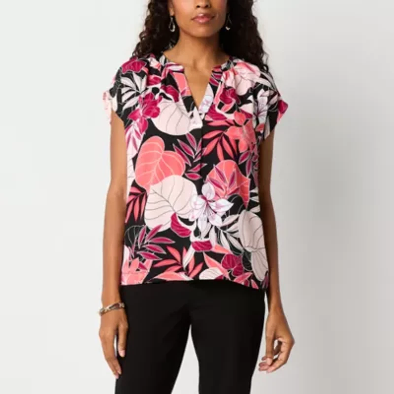 Liz Claiborne Womens Split Tie Neck Short Sleeve Satin Blouse