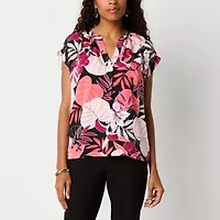 Liz Claiborne Womens Split Tie Neck Short Sleeve Satin Blouse