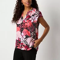 Liz Claiborne Womens Split Tie Neck Short Sleeve Satin Blouse