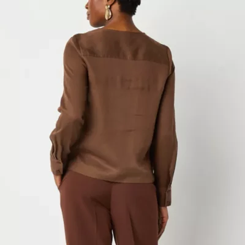 Worthington Womens Split Tie Neck Long Sleeve Blouse