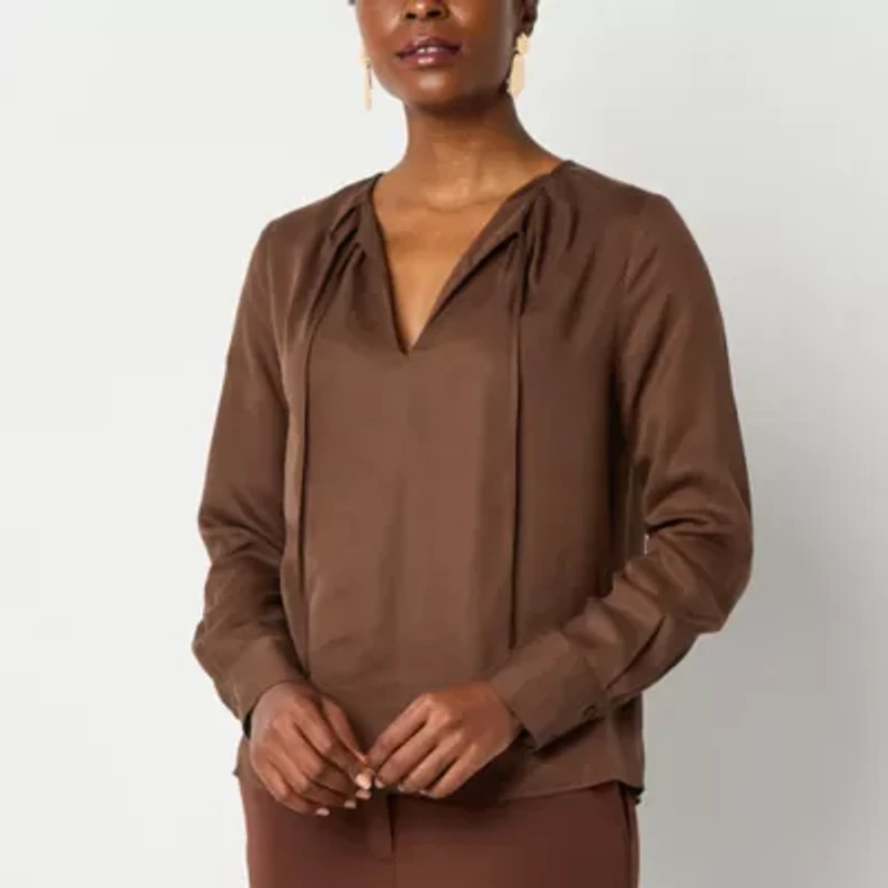 Worthington Womens Split Tie Neck Long Sleeve Blouse