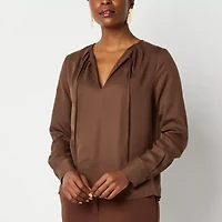 Worthington Womens Split Tie Neck Long Sleeve Blouse