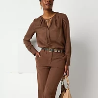 Worthington Womens Split Tie Neck Long Sleeve Blouse