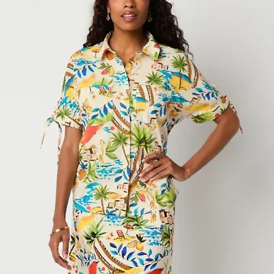 St. John's Bay Womens Short Sleeve Tie Regular Fit Button-Down Shirt