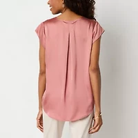 Liz Claiborne Womens V Neck Short Sleeve Satin Blouse