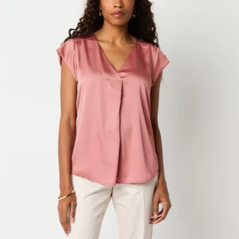 Liz Claiborne Womens V Neck Short Sleeve Satin Blouse