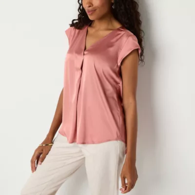 Liz Claiborne Womens V Neck Short Sleeve Satin Blouse