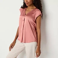Liz Claiborne Womens V Neck Short Sleeve Satin Blouse