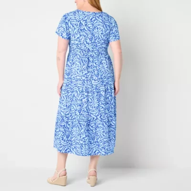 Liz Claiborne Womens Short Sleeve Midi Floral Plus A-Line Dress