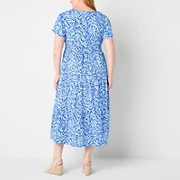 Liz Claiborne Womens Short Sleeve Midi Floral Plus A-Line Dress