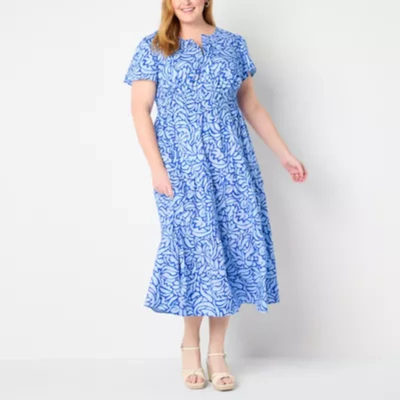 Liz Claiborne Womens Short Sleeve Midi Floral Plus A-Line Dress