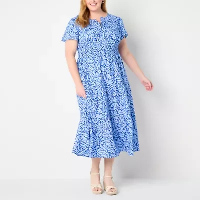 Liz Claiborne Womens Short Sleeve Midi Floral Plus A-Line Dress