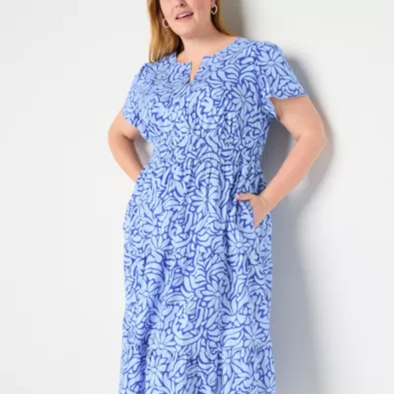 Liz Claiborne Womens Short Sleeve Midi Floral Plus A-Line Dress