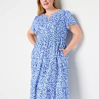 Liz Claiborne Womens Short Sleeve Midi Floral Plus A-Line Dress