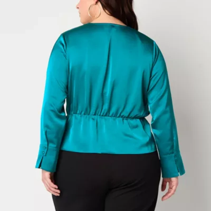Bold Elements Womens Plus V Neck Long Sleeve Satin Blouse
