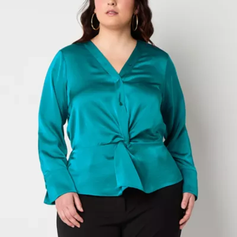 Bold Elements Womens Plus V Neck Long Sleeve Satin Blouse