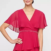 S. L. Fashions Womens Short Sleeve Embellished Midi Fit + Flare Dress
