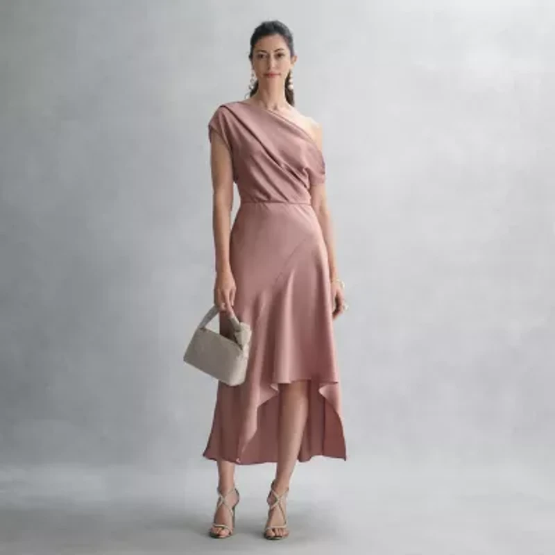 Premier Amour One Shoulder Womens Short Sleeve Midi Fit + Flare Dress